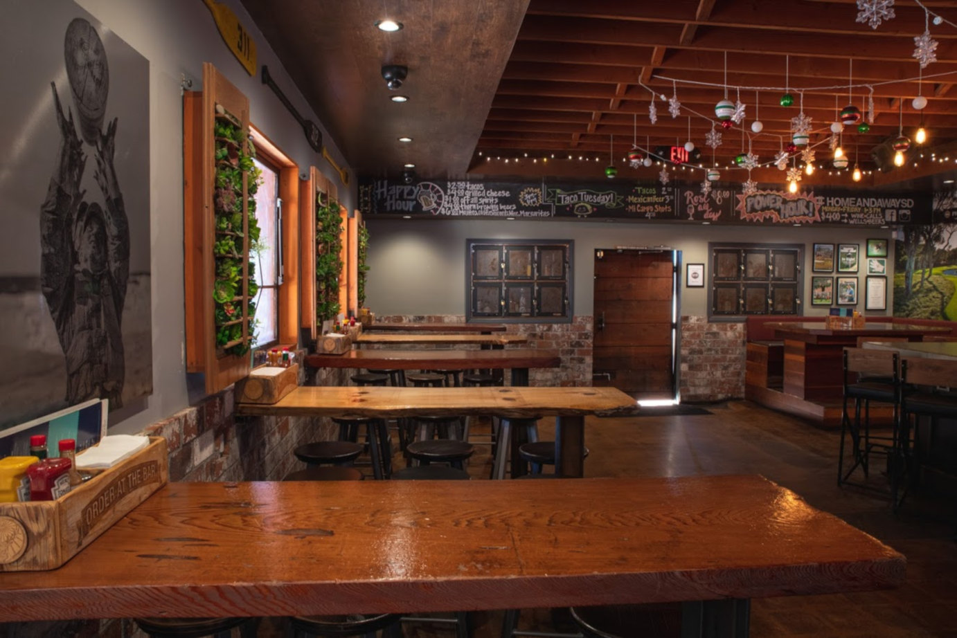 Interior, high tables and ceiling decoration